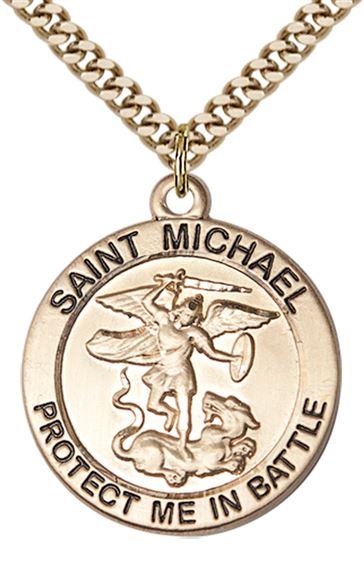 14KT GOLD FILLED ST MICHAEL PENDANT ON A CHAIN - 1" x 7/8"
